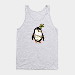 Cute Christmas Tree Lights Wrapped Penguin with a Star on his Head on a Green Backdrop, made by EndlessEmporium Tank Top